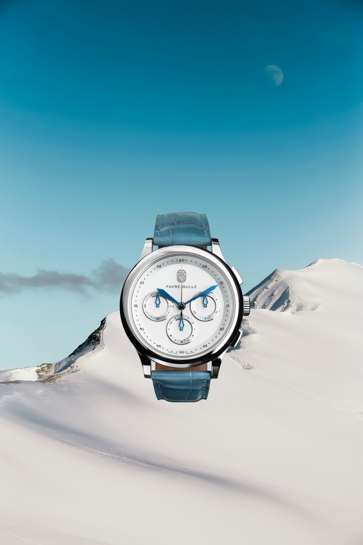 Montre White Peaks Favre‑Bulle, boîtier acier et cadran blanc, bracelet cuir bleu alligator