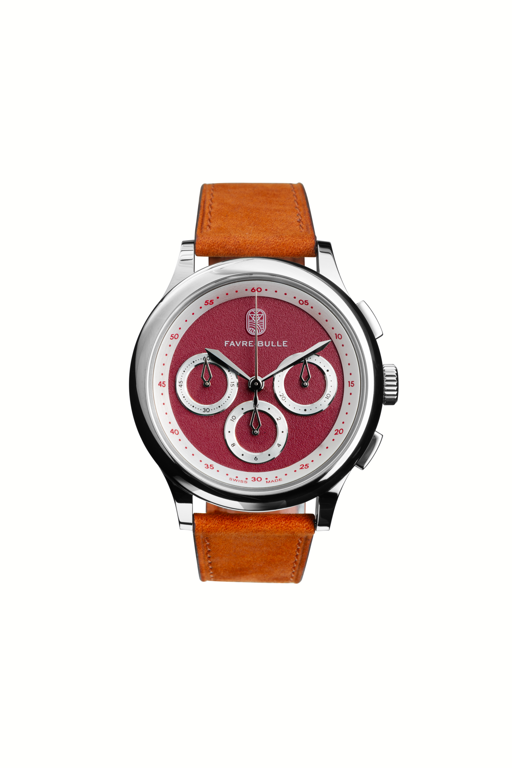 Montre suisse Favre‑Bulle avec cadran minimaliste rouge, bracelet en cuir et boîtier en acier